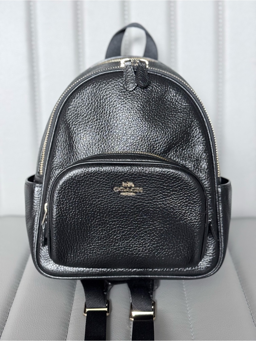 Coach NWOT Black Pebbled Leather Mini Court Backpack with Gold Hardware